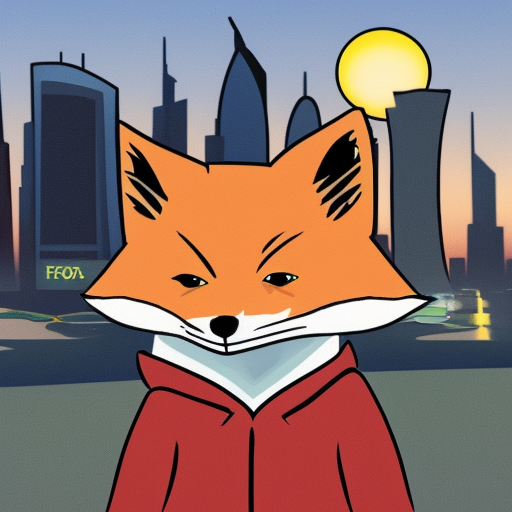 a cartoon fox in jacket in front office of the Dubai and sunset