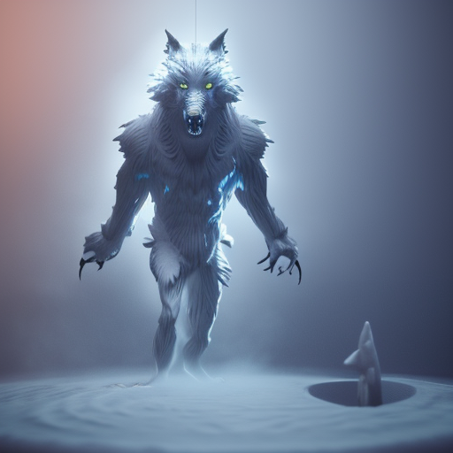 wolf monster anthropomorphic, octane render, water, power, anime style, 3d, bloom, effect, realistic, vfx, post processing, electricity, dark, minimalist