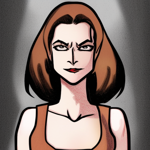 A Marvel Comics style drawing of a tall gorgeous white dark haired woman, about 44 years old, with brown eyes, a thin nose and red thin lips, wearing a white tank top beneath a long beige coat
