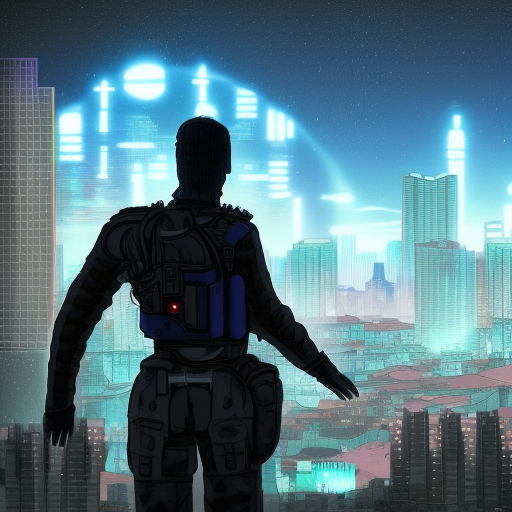 The armed sole survivor stands on the hill watching a Apocalyptic city on a clear stars night, cyberpunk digital art