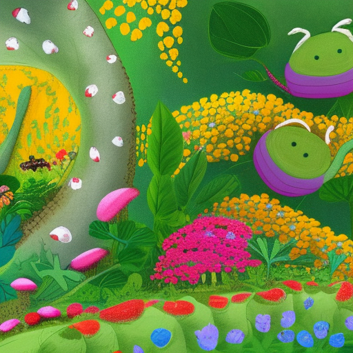 An image of a colorful garden with Cammy the caterpillar munching on leaves, surrounded by vibrant flowers and foliage.