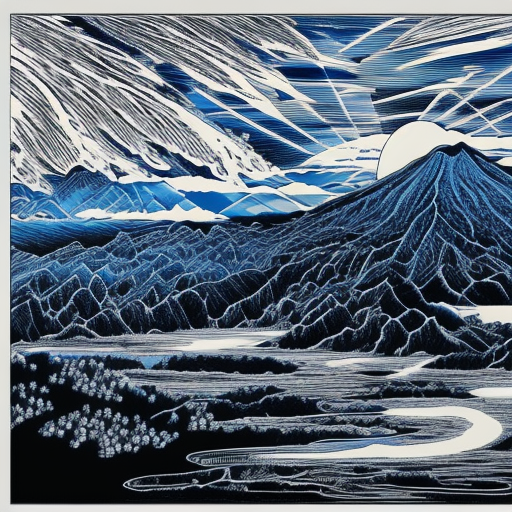 dan mumford blue pen Engraving  high quality landscape Japanese 