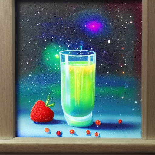 Oil paint style, close up of One glittery galaxy colored juice in mock tail glass on decorated kitchen table, ice cubes, heavy paint strokes, light pastel colors, illustration, gouache paint, 3D, anime style