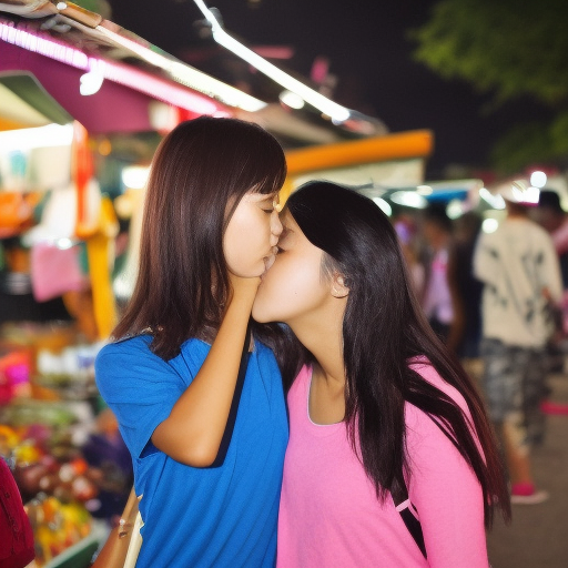 two teenage malay girl kissing in night market 