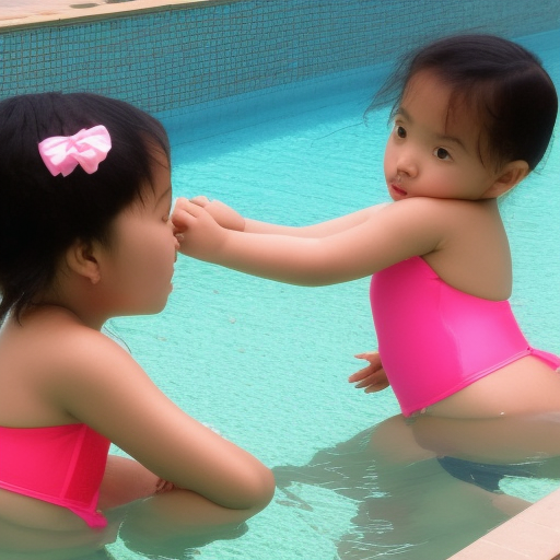 two Little melayu girl kissing in swimming pool 