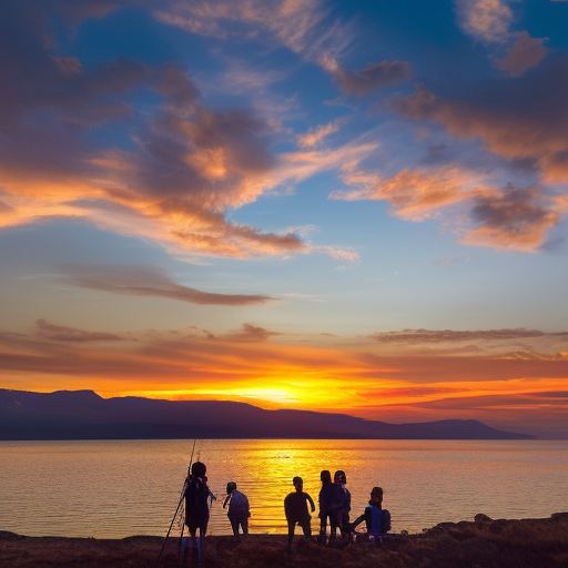 Create an image of a majestic landscape featuring a picturesque sunset with warm, golden light illuminating the sky. In the foreground, there should be a group of people of different ages and cultures, gathered together and enjoying the sunset. They should be smiling and looking happy, and their body language should suggest a sense of unity and peace. The background should also feature a body of water, such as a lake or ocean, with gentle waves lapping at the shore.