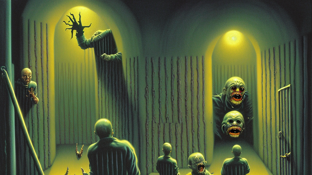 Artwork by Les Edwards of the cinematic view of the Seventh Terrifying Prison.