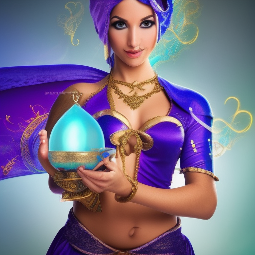 Female genie holding a aladdin magic lamp, stuning fantasy photograph, render of mirabel madrigal, beautiful photo of a fairytale, blue djinn, fantasy photography, beautiful genie girl, disney inspired, stunning photo of a fairy, aesthetic!!!!!! female genie, genie, 