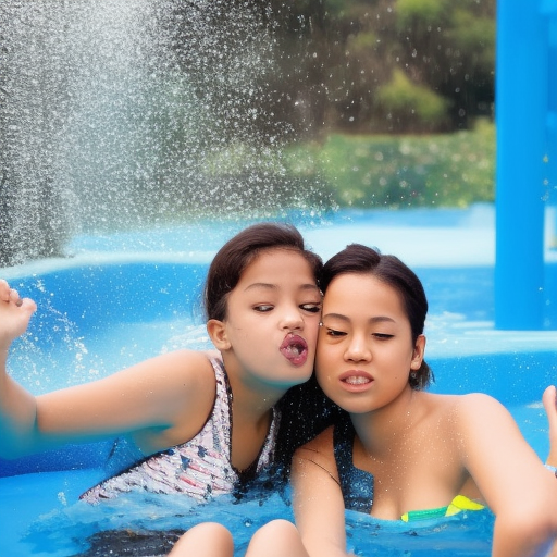 two preteens malay girl kissing in water park 
