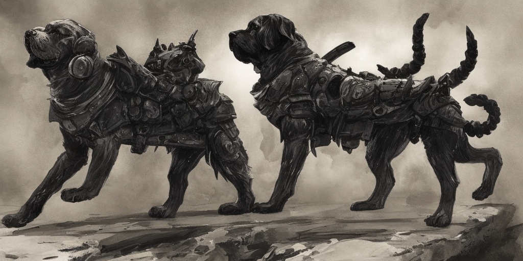 First thought: Cerberus, this could be a good dog, a dog that is sometimes a bit much, but a good dog, that could be him. 

Second thought: damned tanks, damned sword, damned war culture – all the shit that forces me to run around fully armored.

Third thought: ZERRRRBERUS is one, as I am, one of the youngsters who had a sword pressed into their hands without being asked.

Thought gap: Breath

Fourth thought: OOOO ZERRREBERUSSS, the great Hades, who is basically the same as us, only appears big and strong on the outside.

Thought gap: Schnauf, Schnauf

Fifth thought: Let's be honest: He doesn't appear like that anymore, he lets himself appear, uses as figures who, without having to show himself, play his stronger, greatness.

Sechter thought: Oh Cerberus, the life of another, that's what our lives have in common.
