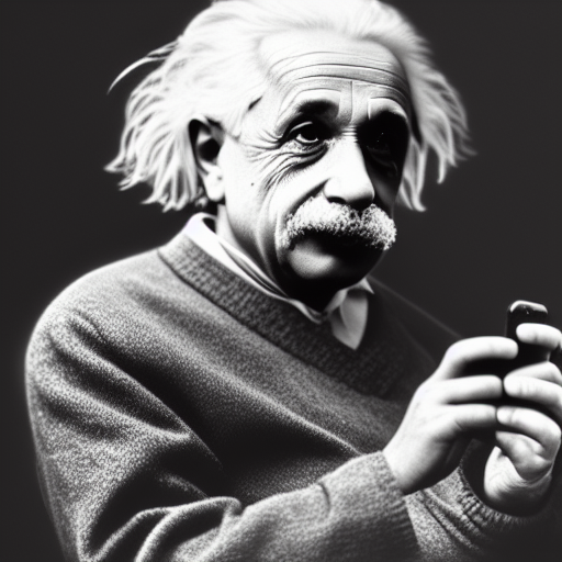 A photo of Albert Einstein using an iphone, highly detailed, trending on artstation, bokeh, 90mm, f/1.4