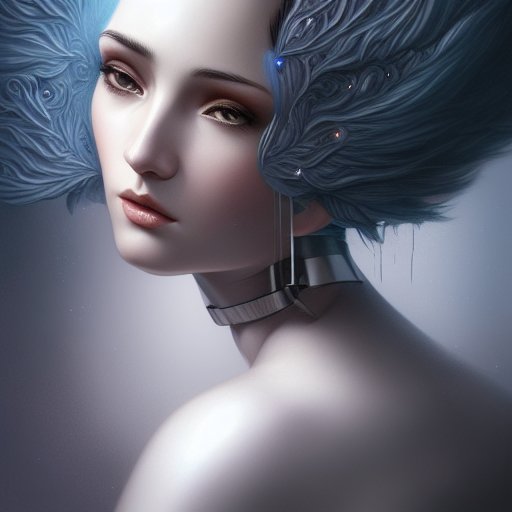 beautiful humanoid android with short black hair with bangs, sideshot, glossy grey skin, intricate details, digital art, fantasy art, detailed painting, ether blue eyes, profile, potrait, bokey, black background, hair details, vivid, glossy, concept art, tom bagshaw, stanley artgem lau