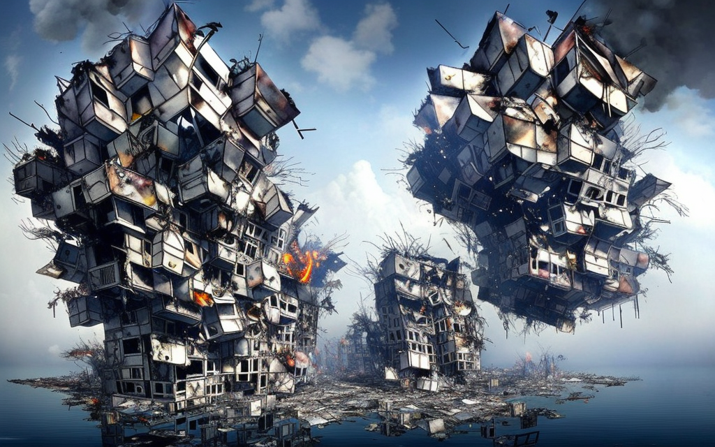 very realistic Lebbeus Woods floating city, building made of parts and rubbish on fire and exploding into pieces and falling through clouds

