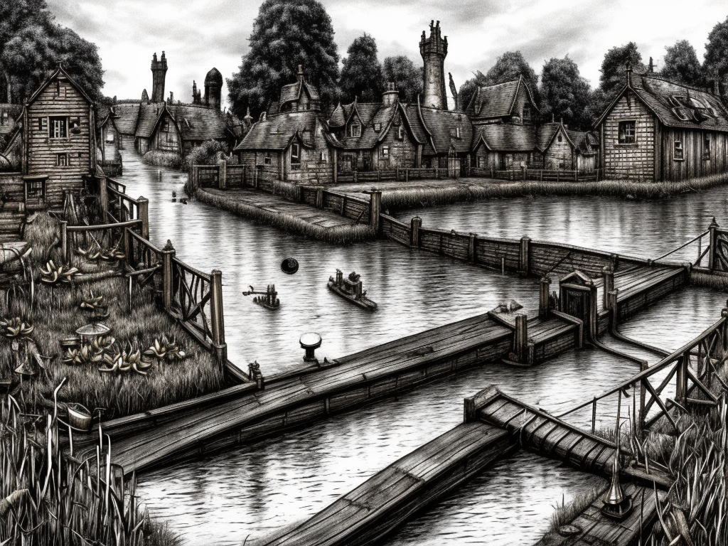 dark medieval wide straight river lock with 2 sluices, water levels, lock gates, one house, rocks, Warhammer fantasy, summer, bushes, trees, nets, fishing, fish, water-lily, boat, poor, black adder, muddy, puddles, misty, overcast, Dark, creepy, grim-dark, gritty, detailed, realistic, illustration, high definition