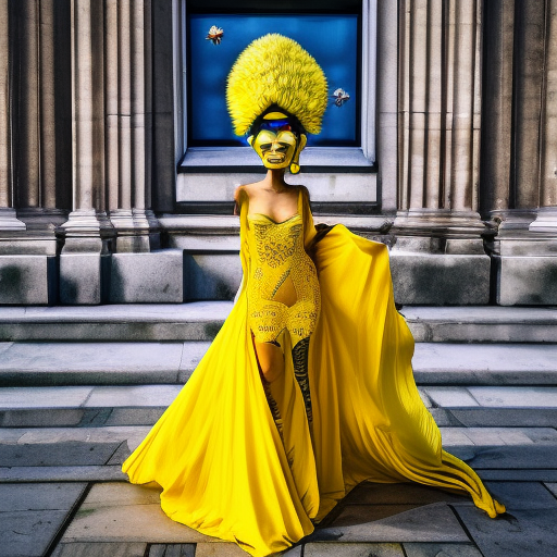 alien empress. with large headdress, in a royal palace. cosmo in background. long yellow Dress. Green body skin. cyberpunk, old photo, soft light