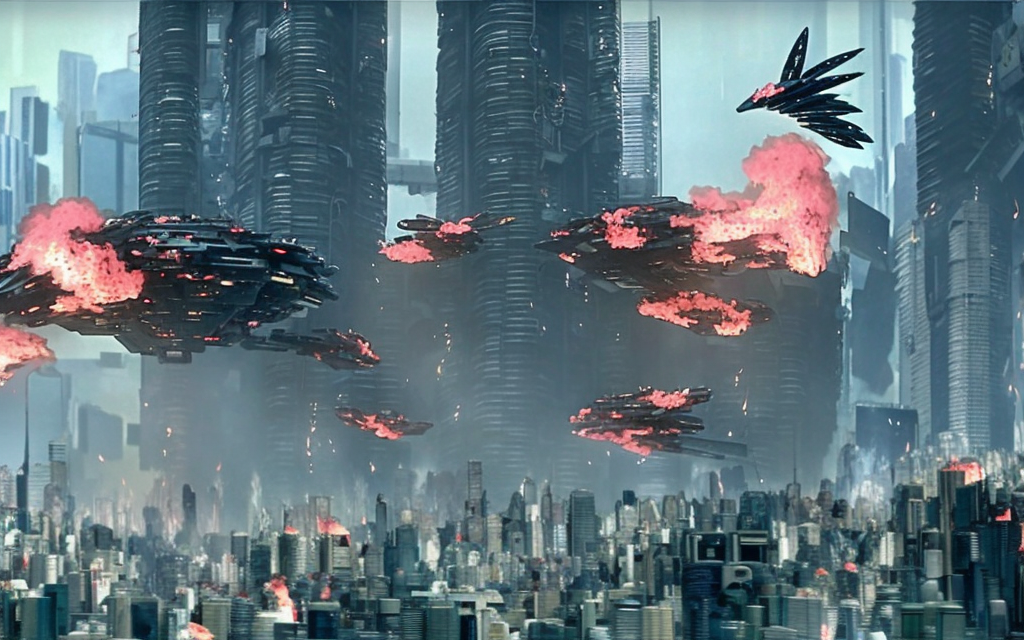 realistic ghost in the shell flying building made of parts and rubbish on fire being attacked by robot birds%>