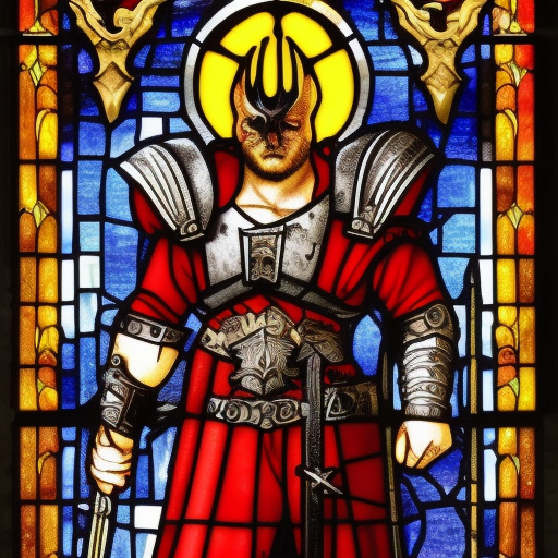 dark medieval, young evil satanic triumphant gladiator holding sword, Warhammer fantasy, intricate stained glass, black and red, gold and blue, grim-dark, detailed, gritty