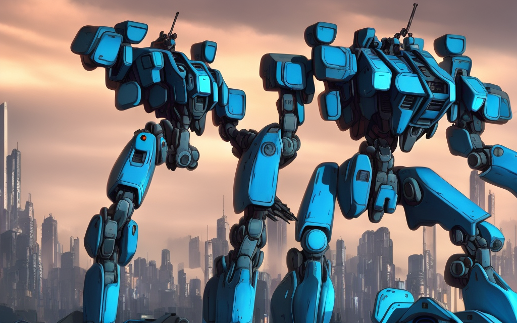 very realistic large battle mech with firing missiles, tall ghost in the shell city, mech with blue edges on fire

