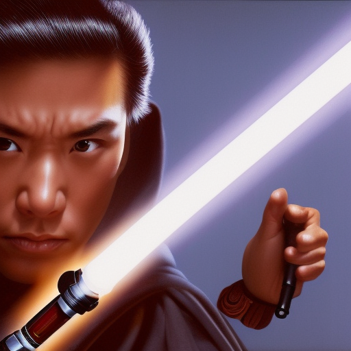 hyperdetailed closeup portrait by disney of asian jedi knight posing with lightsaber