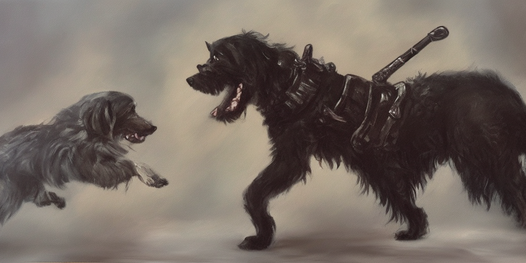 a oil painting of the First thought: Cerberus, this could be a good dog, a dog that is sometimes a bit much, but a good dog, that could be him. 

Second thought: tank, sword, war culture – the whole thing that forces me to run around fully armored.

Third thought: ZERRRRBERUS is one, as I am, one of the youngsters who had a sword pressed into their hands without being asked.

Thought gap: Breath

Fourth thought: OOOO ZERRREBERUSSS, the great Hades, who is basically the same as us, only appears big and strong on the outside.

Thought gap: Schnauf Schnauf

Fifth thought: Let's be honest: He doesn't appear like that anymore, he lets himself appear, uses as figures who, without having to show himself, play his stronger, greatness.

