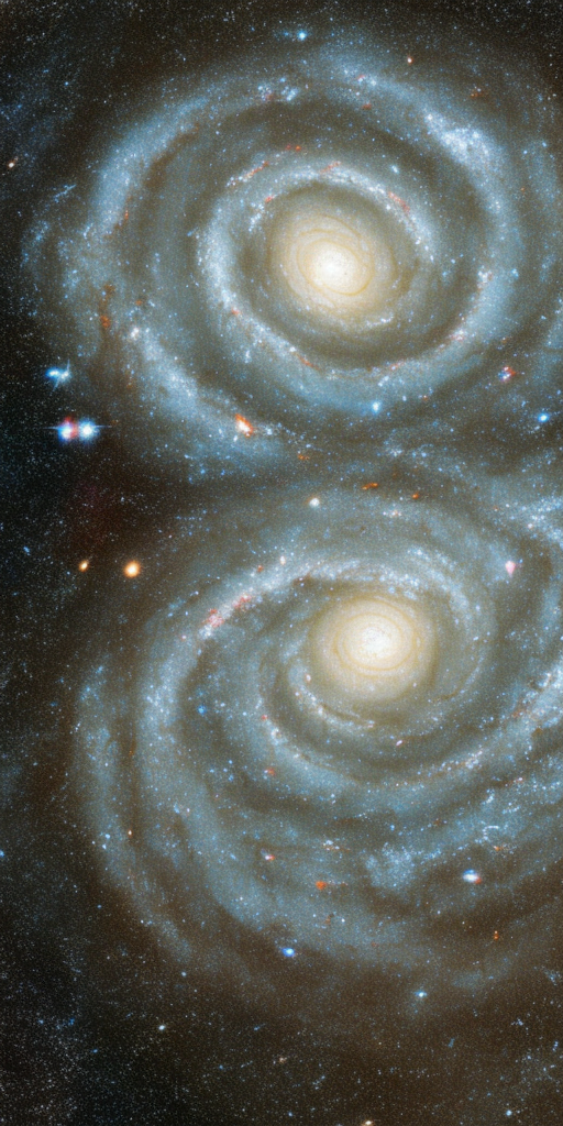 a drawing of a Beautiful spiral galaxy NGC 6744 is nearly 175,000 light-years across, larger than our own Milky Way. It lies some 30 million light-years distant in the southern constellation Pavo, its galactic disk tilted towards our line of sight. This Hubble close-up of the nearby island universe spans about 24,000 light-years across NGC 6744's central region in a detailed portrait that combines visible light and ultraviolet image data. The giant galaxy's yellowish core is dominated by the visible light from old, cool stars. Beyond the core are pinkish star forming regions and young star clusters scattered along the inner spiral arms. The young star clusters are bright at ultraviolet wavelengths, shown in blue and magenta hues. 