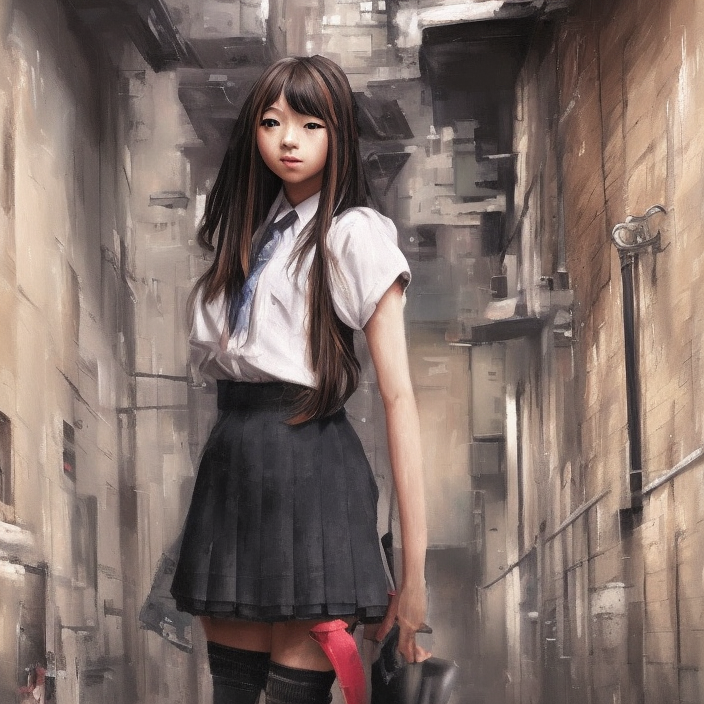 a perfect, hyperrealistic professional oil painting of a Japanese schoolgirl posing in a dystopian alleyway, style of Marvel, full length, by a professional American senior artist on ArtStation, a high-quality hollywood-style concept