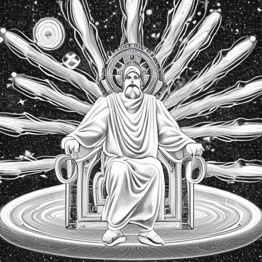 god on his throne in the middle of the universe with several people in front of him, and angels flying black and white pencil illustration high quality