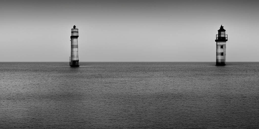 A grayscale oil 3d rendering of a platform on a metal column directly in front of a Spiekerooge beach. This could be mistaken for a lighthouse, but this can only happen on clear, bright days. At night, the construct then clears itself up due to its lack of luminosity. Otherwise it is cloudy, but dry. On the horizon you can barely see the mainland. Directly in front of the tower, a sandbank with its highest hump tip pushes through the water surface.