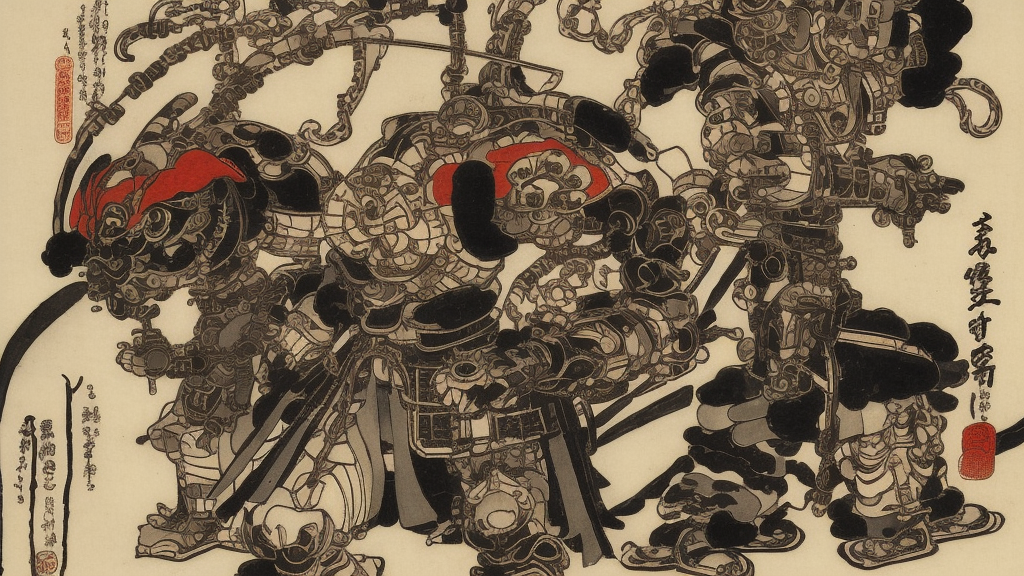 steampunk samurai mech in the style of Utagawa Kuniyoshi, classical japanese art, sci-fi illustrations, mechwarrior, battletech, gundam, highly detailed, award-winning, patriotic, japanese, dark, gritty, ink