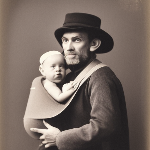 gentlemen wearing a hat and swiss costume a baby sling on the back with a ape in the sling, color studio portrait, golden ratio, backlit, happy, detailed eyes