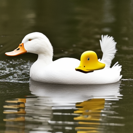 A white duck ride on a yellow dog