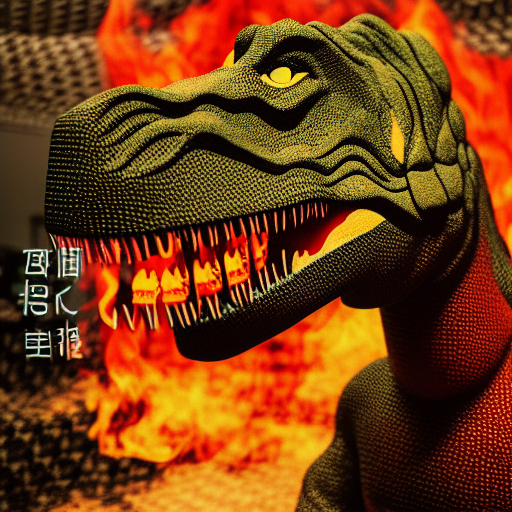 Dinosaur fireman ultra-realistic portrait cinematic lighting 80mm lens, 8k, photography bokeh Ukiyo-e Japanese woodblock