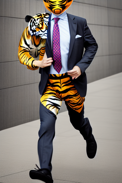 A man wearing a tiger mask, a suit jacket with a tie, and short running shorts