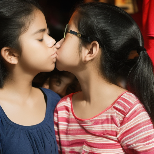 two preteens melayu girl kissing in night market 