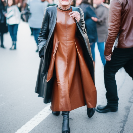 grandmother in ankle long leather dress and open ankle long leather coat and husband in leather pants and ankle long leather coat standing at public. 