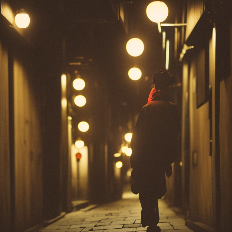 Dark alley in the city Ukiyo-e Japanese woodblock ultra-realistic portrait cinematic lighting 80mm lens, 8k, photography bokeh