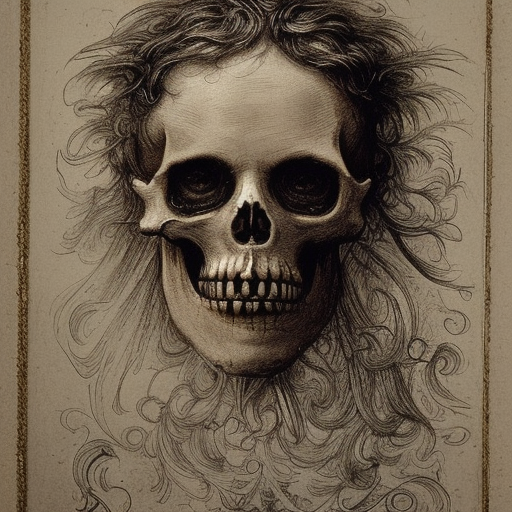 skeletonArt by Gustave Dorè, lithograph, engraving, screen printing, antique print, parchment, intricate detail, contour light, fine detail, atmospheric, hyper detailed hair strands, sharp focus, sharp edge Epic cinematic brilliant stunning intricate meticulously detailed dramatic atmospheric maximalist digital matte painting, camera sharp focus body and legs, -oil-painting-texture -reliberate