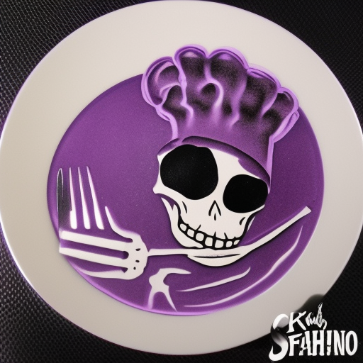 Skeleton chef tasting food Color engraving purple and black character by Ruffino Tayamo 
