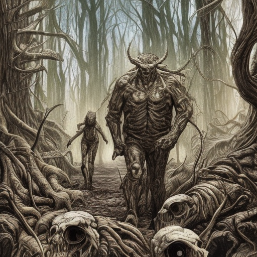 sci - fi monster hunters, walking in a flesh and bones forest, hyperdetailed, art liam sharp