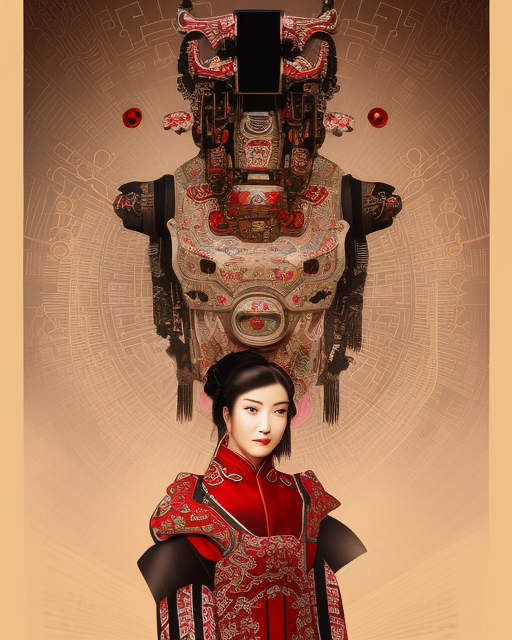 portrait of a chinese cyberpunk machine, machine face, robed, upper half portrait, decorated with chinese opera motifs, regal, asian, fine china, wuxia, traditional chinese art intricate intense elegant 京 剧 highly detailed digital painting artstation concept art smooth sharp focus illustration, art by artgerm and greg rutkowski alphonse mucha 8 k