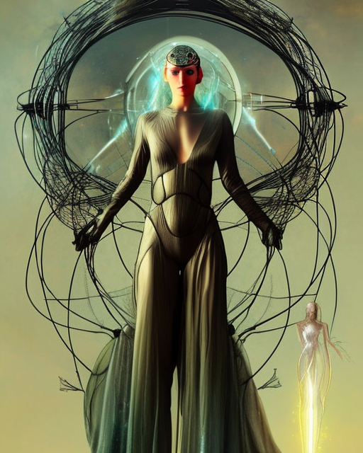karol bak and tom bagshaw and bastien lecouffe - deharme full body character portrait of galadriel as the borg queen, digitalcore rebirth, floating in a powerful zen state, supermodel, beautiful and ominous, wearing combination of mecha and bodysuit made of wires and silk, machinery enveloping nature in the background, scifi character render