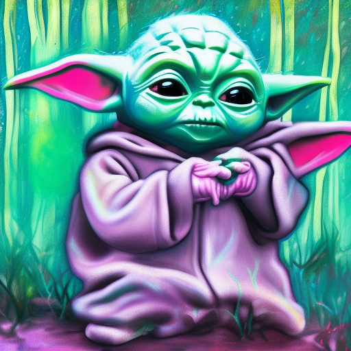 baby yoda surrounded by teal pink and purple bubbles, in forest, at night, warm lighting, digital art, HDR oil painting on canvas