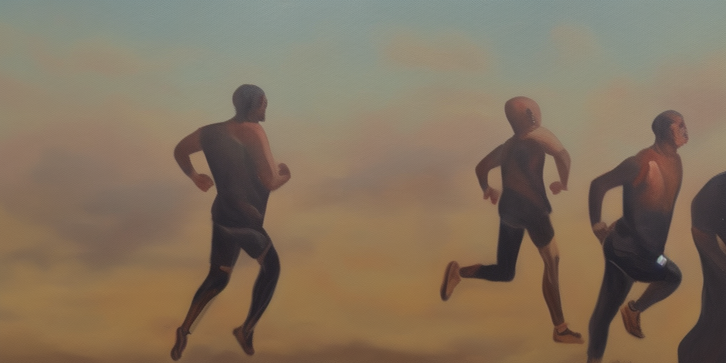 a oil painting of Run, keep running, keep breathing, keep breathing! If we're honest: He doesn't appear like that anymore, he lets us perform, uses us as figures who, without having to show himself, are supposed to show his strength, greatness after carrion.