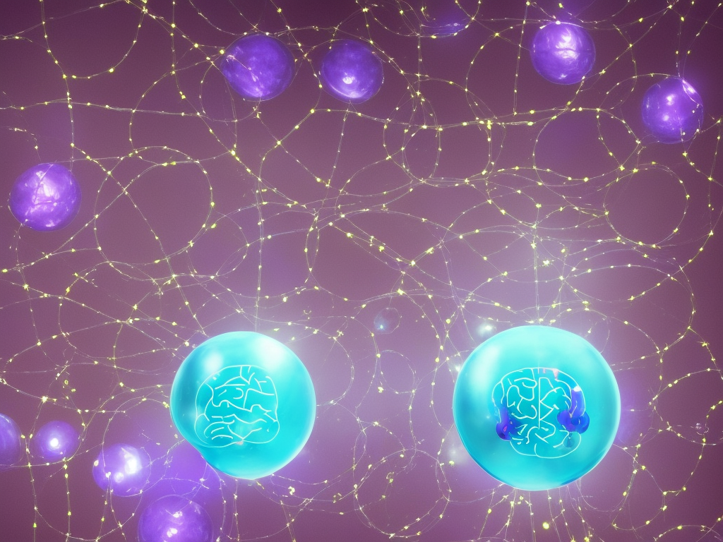 Generate a humanoid person's brain, locked up inside a virtual universe. The brain is depicted as a glowing blue orb, suspended inside a large bubble made of shimmering purple and blue hues. The bubble is tethered to the ground by a heavy chain, which is wrapped tightly around the brain and secured with a large padlock. The virtual universe surrounding the brain is a chaotic landscape of swirling colors and distorted shapes, representing the person's inner turmoil and distorted perception of the world. The space around the bubble is filled with a deep void, emphasizing the sense of isolation and loneliness that often accompanies depression.