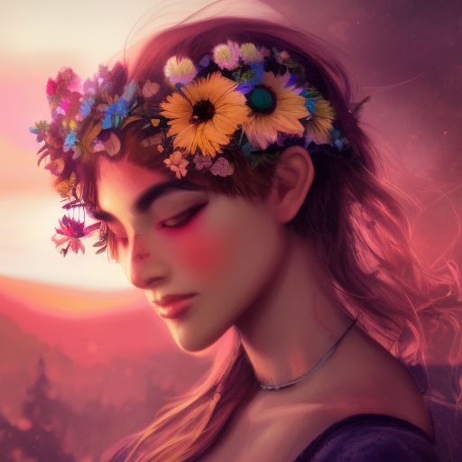 a beautiful girl with flowers on her head, in the background a sunset, concept art, artstation, high detailed, intricate details, 8k