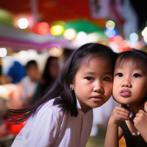 two Little melayu girl kissing in night market 