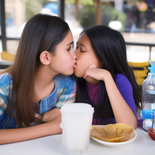 two preteens melayu girl kissing at Cafe 