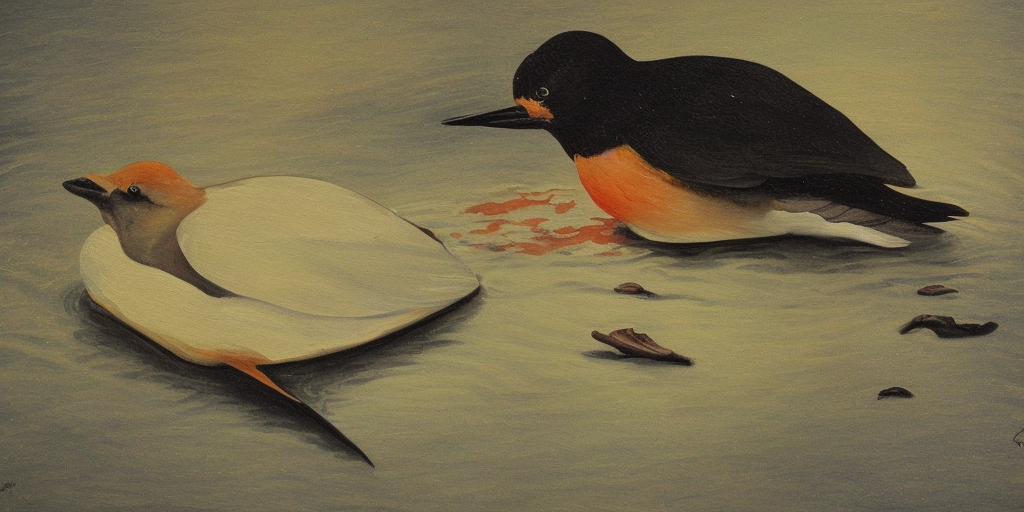 a painting of A bird's corpse under water