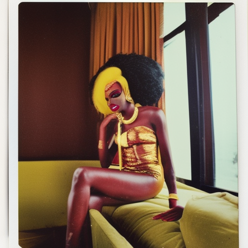 Photorealistic African drag queen wearing a gold suit, sitting by window in hotel room Kingston, Jamaica, vintage color polaroid, by Andy Warhol—v 4