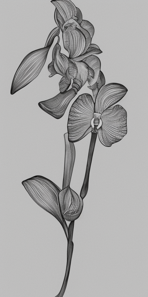 a ink drawing of an orchid blossom opens and out comes a rocket (like from an egg)